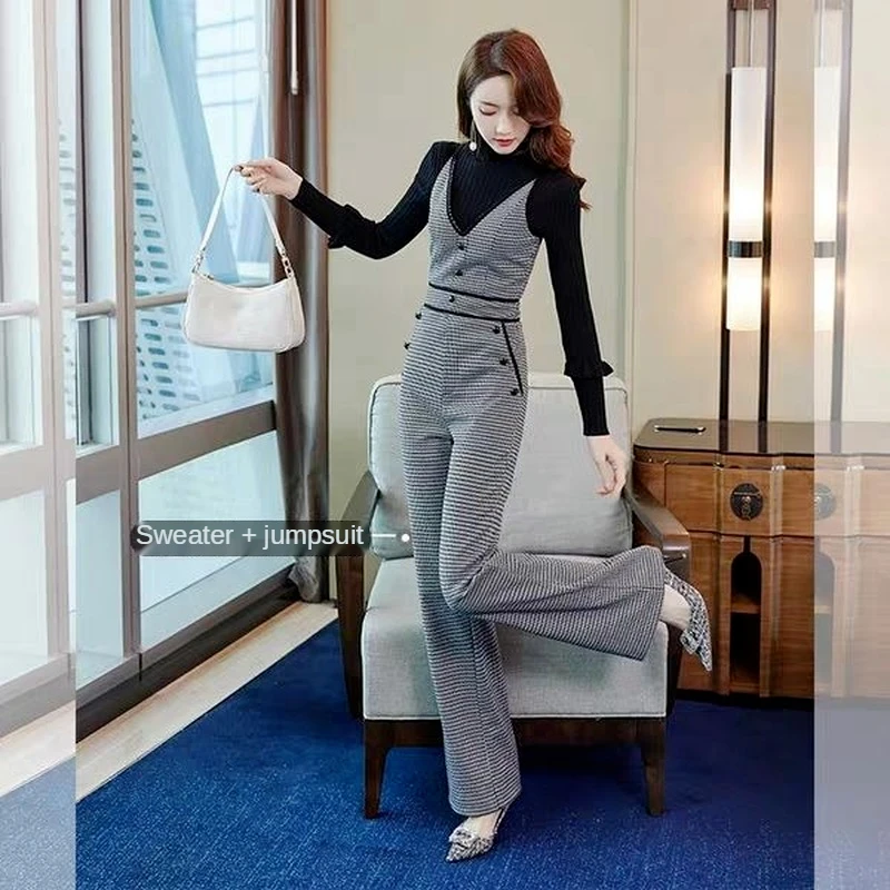 Houndstooth Suspender Pants Women's Autumn 2-Piece Suit Jumpsuit Woolen Wide-Leg Overalls Elegant Flowers Sleeve Knitted Sweater woman autumn fashion big pocket literary vintage sleeveless suspenders jumpsuit loose streetwear elastic waist denim overalls