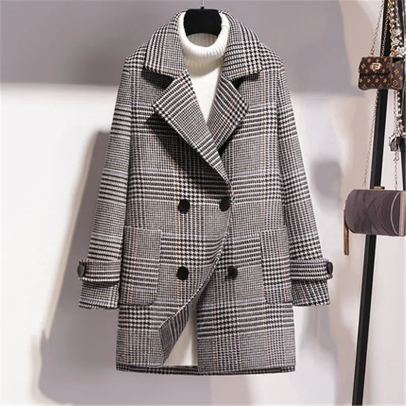 

2019 Winter New Houndstooth Woolen Coat Women Leisure Blazer Jacket Female Loose Large Size Autumn Wool Coats Slim Outwear XA233