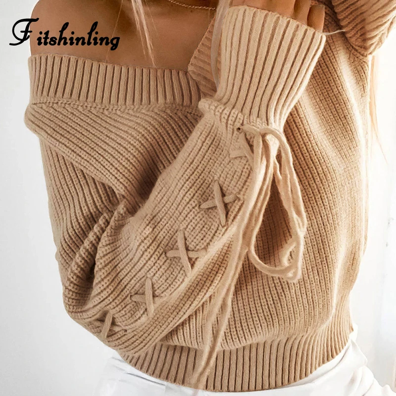 

Fitshinling Lace Up V Neck Sweater Women Clothing 2019 Autumn Winter Pullover Knitwear Boho Solid Long Sleeve Sweaters Jumpers