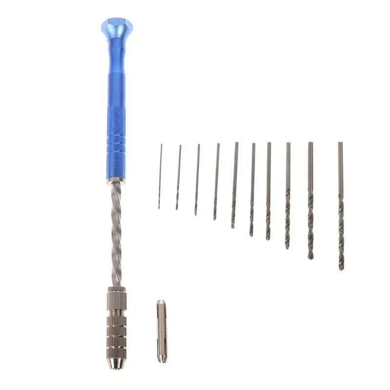 Semi Automatic Spiral Blue Mini Micro Hand Drill Chuck + 10 Pcs Twist Bits Tool 0.8-3mm Dropship | Инструменты