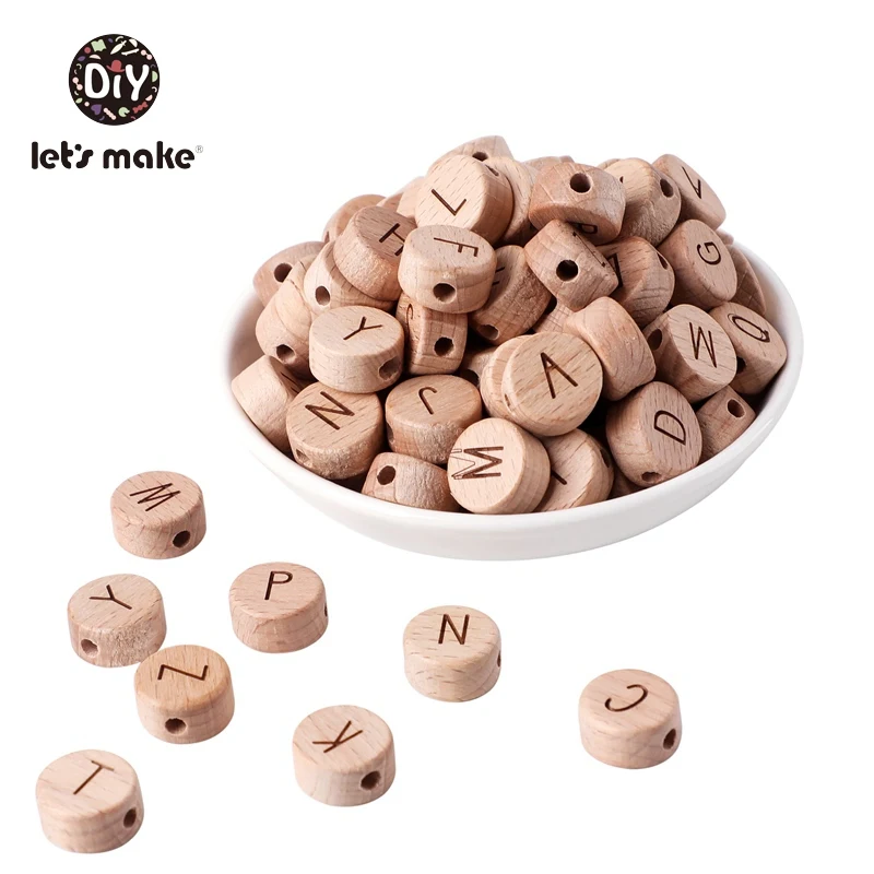 Let's Make 10pc Baby Teether Wooden Beads 26 Letter Alphabet Bpa Free Wood Teething Beads DIY Baby Pacifier Chain Accessories