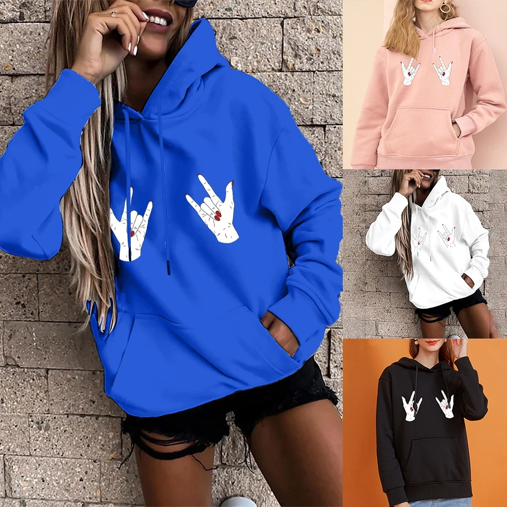 Ladies Hoodie Harajuku Loose Sweatshirt Pullover Fall and Winter Base Long Sleeve Gesture Print Ladies Clothes Big Pocket Hoodie