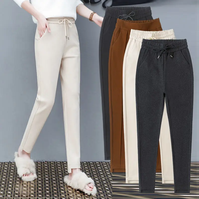 

Autumn Winter Woolen Harem Pants Women Straight Loose Casual Trousers Female Full Length High Waist Pants Korean pencil trousers