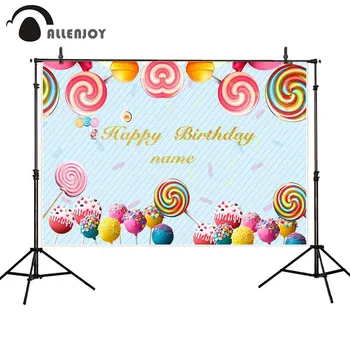 

Allenjoy Happy Birthday Background Lollipop Candy Bar Striped Sweet Celebration Backdrop Children's Day Photocall Party Supplies