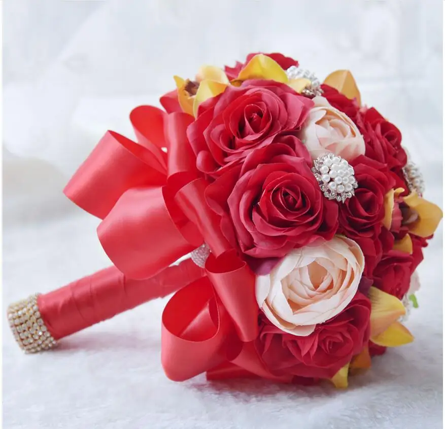 Artificial Romantic Wedding Bouquet With Ribbon Handle Silk Rose Bridesmaid Bouquet Flowers For Wedding Party SPH056