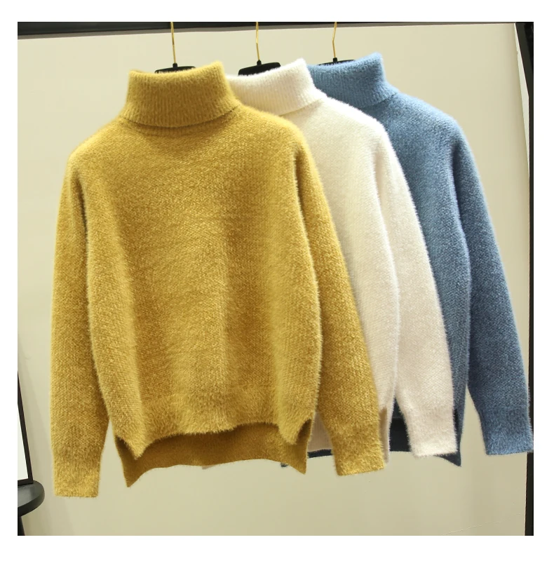 

2020 Winter Imitation Mink Velvet Thickened Sweaters Women's Casual Long Sleeve Pullovers Solid Turtleneck Tops Ladies