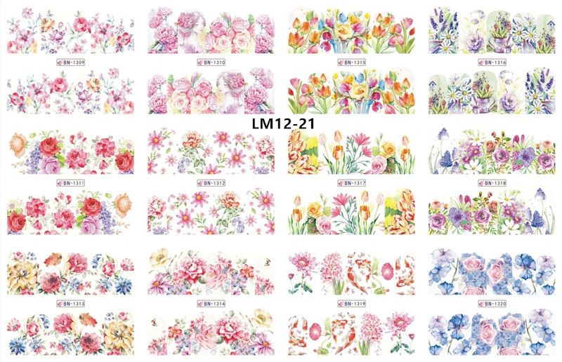 12 Designs Watermark Nail Art Decoration Water Decals Flower Flamingo Bird Rose Sticker Manicure Sliders Adhesive Tip BN913-924 - Color: LM12-21