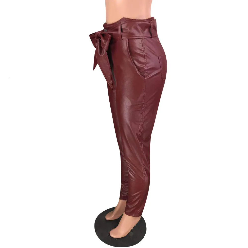 Сексуальные женские брюки с галстуком-бабочкой из искусственной кожи с высокой талией бордовые обтягивающие брюки-карандаш уличная одежда осень-зима длинные брюки для бега