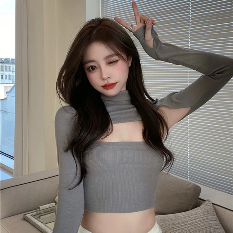 Turtleneck Woman Tshirts Slim Two piece 