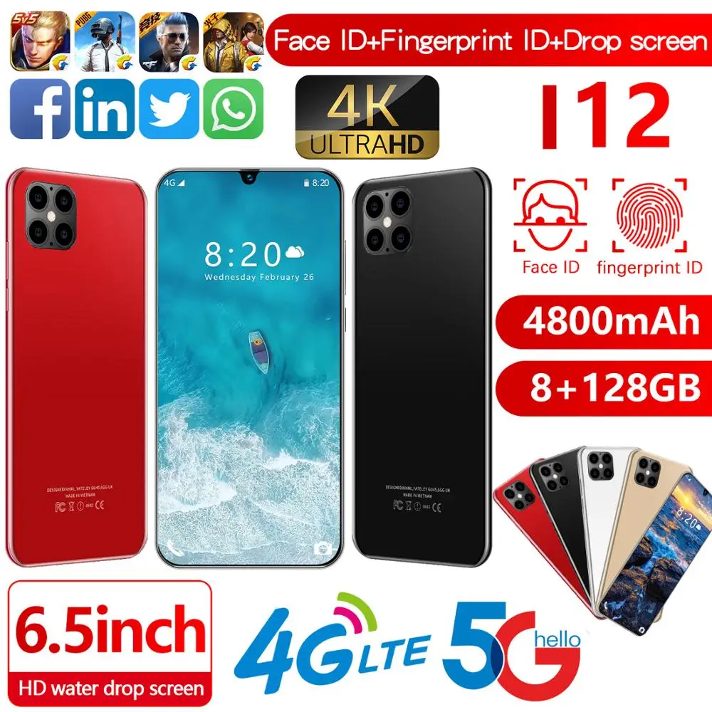 Global Version IP12 13MP Front 24MP Rear Camera Octa Core 8GB+128GB Mobile Phone 6.5' Waterdrop 4800mAh 5G Smartphone Free Ship
