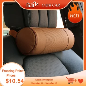 Подушка для шеи автомобиля из пены с памятью/натуральная кожа авто шейный круглый рулон офисный стул крепкий подголовник Поддержка Подушка Черный - изображение