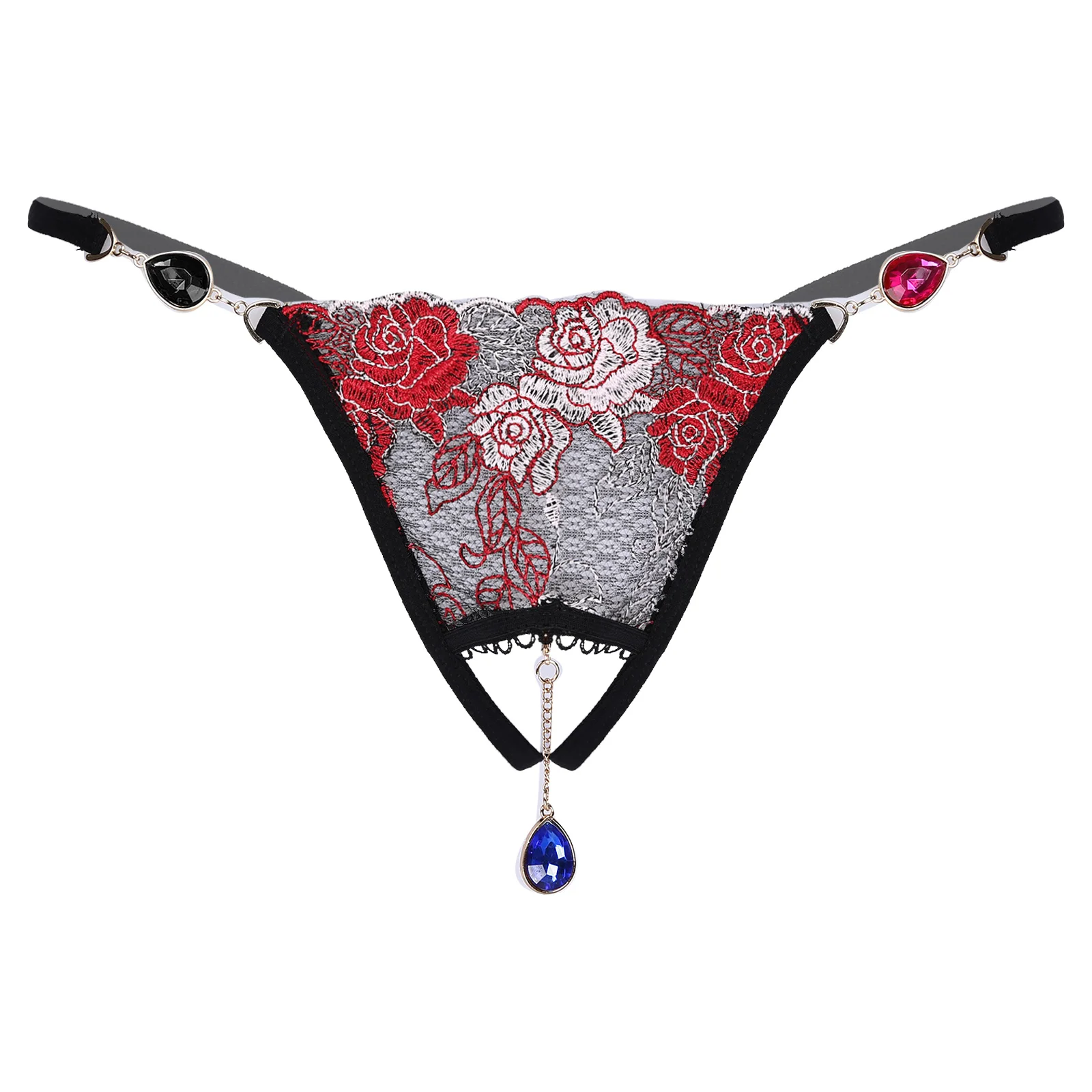 Men's Panties Rhinestone Pendant Flower Embroidery Thongs Sissy Underpants Crotchless G-string Open Butt Briefs Gay Underwear