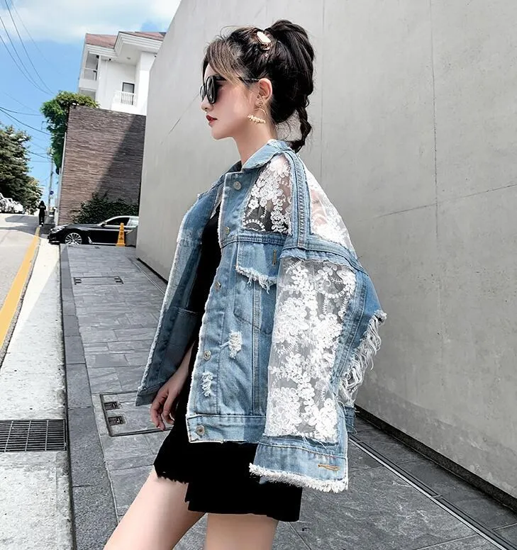 2020 Autumn Fashion Streetwear See Through Lace Patchwork Denim Jacket Women Stylish Jean Coat streetwear women jacket