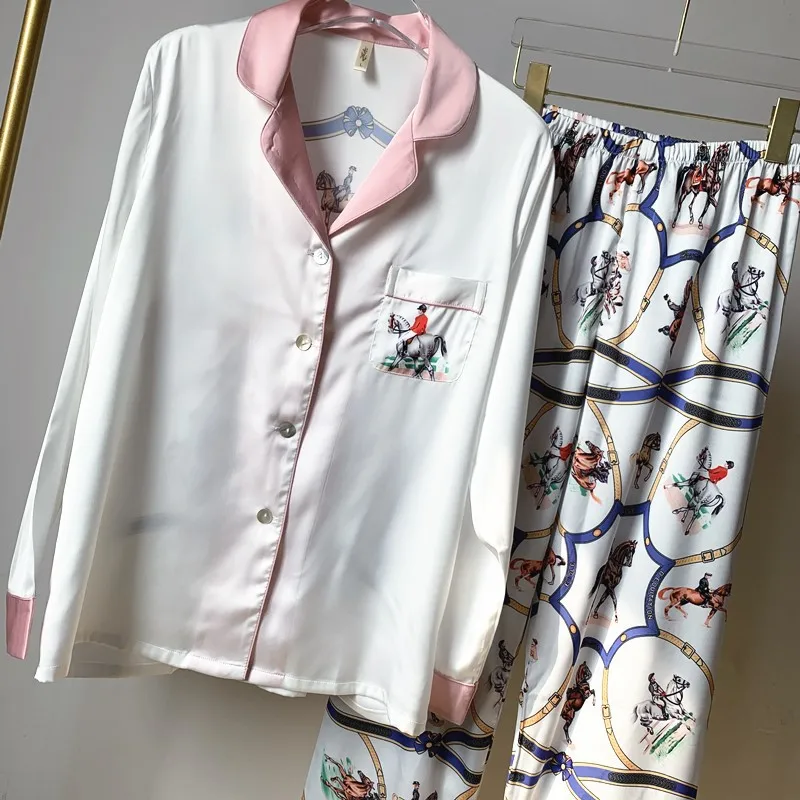 

Women's Pajamas Spring And Autumn Ice Silk Long-Sleeved Suit Thin Black Printed Cardigan Lapel Two-Piece Home Service