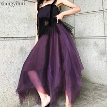 Сексуальная клубная сетчатая юбка, женские длинные Необычные вечерние юбки, Тюлевая Женская Осенняя уличная элегантная фиолетовая длинная юбка