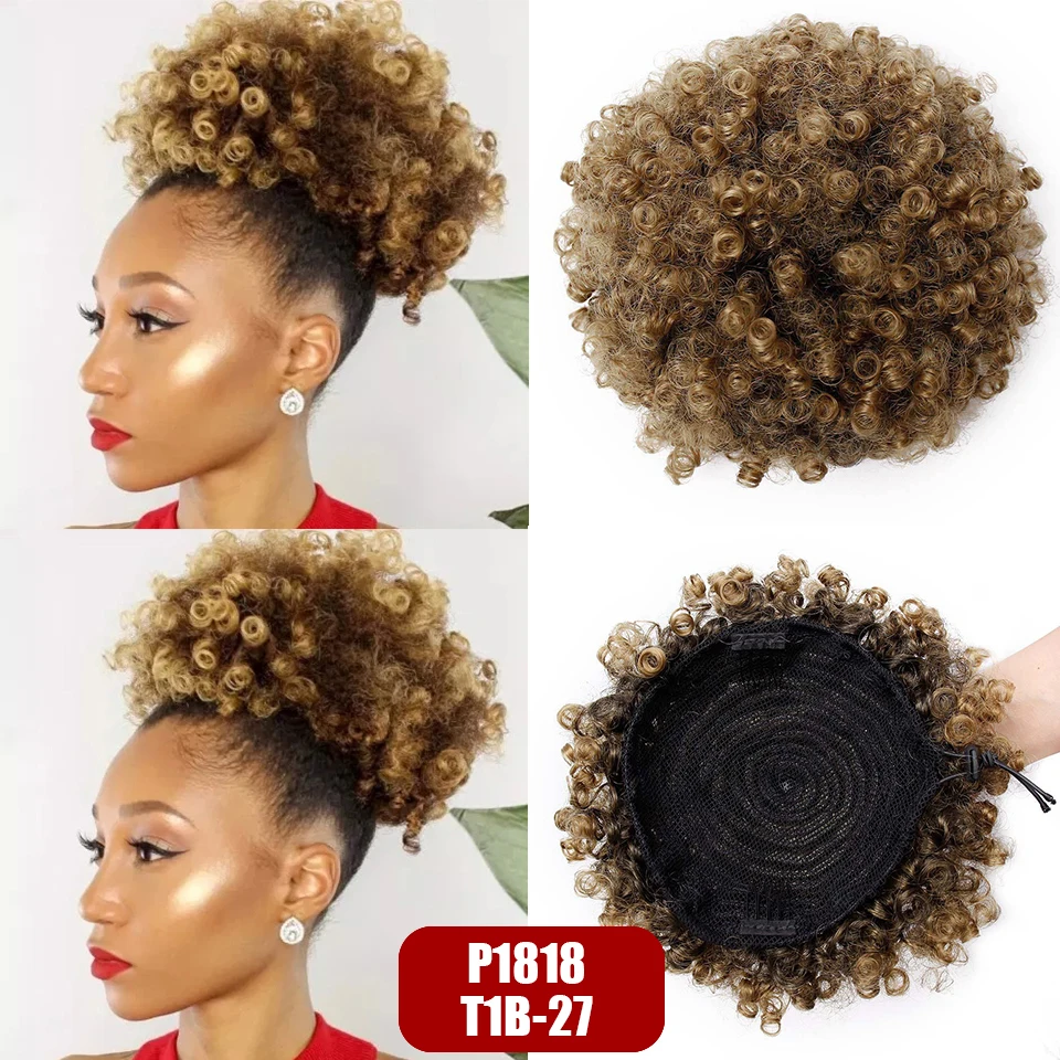 Vigorous Ponytail wrap Puff афро кудрявый шиньон короткие волосы булочка шнурок 2 зажима синтетические накладные волосы термостойкие - Цвет: T1B-27