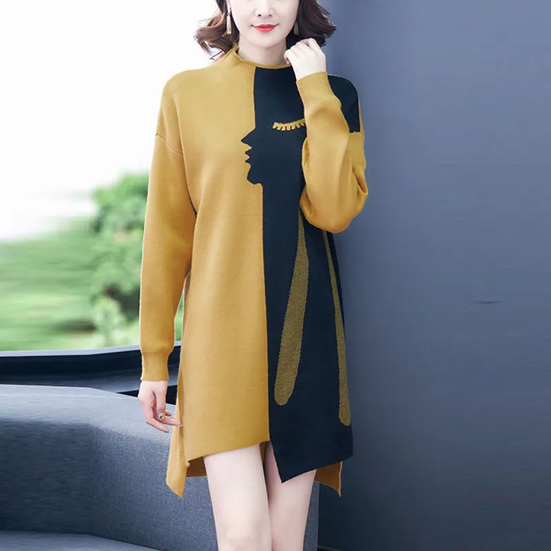 

Plus Size Women's Knitted Dresses Long Sleeve Straight Women's Round Collar Wool Dress Autumn Winter Long Sweater Dress Female
