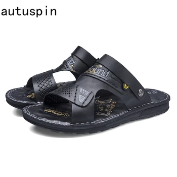 

Summer High Quality Mens Cow Leather Sandals 2020 Fashion Men Breathable Shoes Male Two Use Beach Slippers Street Trendy Slides