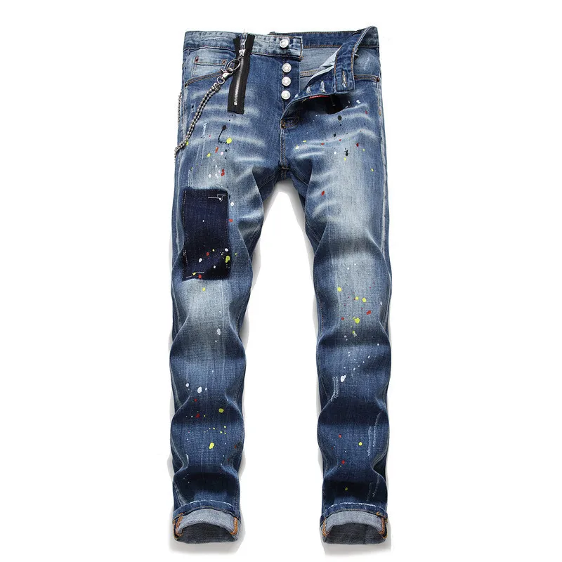 

New Style Washing Paint Splattered Men Cat Whisker Slim Fit Elasticity Jeans Europe And America Skinny Trend Ripped Jeans Fashio