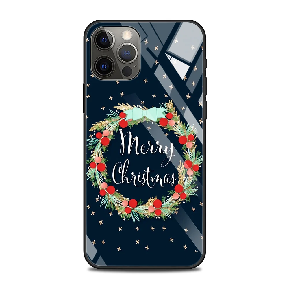 Glass Case For iPhone 14 13 12 11 Pro 12Mini X XR XS Max 8 7 6s Plus Cover Phone Shell Merry Christmas Tree_voghion.com
