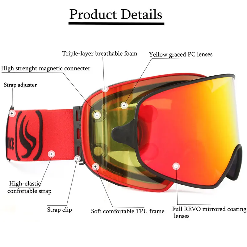 2019 Ski Goggles 2 in 1 with Magnetic Dual-use Lens for Night Skiing Anti-fog UV400 Snowboard Goggles Men Women Ski Glasses