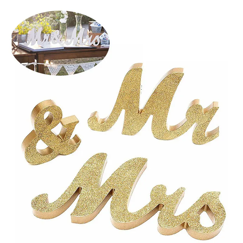 Gold Комплект из 3 предметов MR MRS пара свадебное фото подставки для домашнего декора декоративная надпись свадебные подарки домашние Изделия из дерева блестящие буквы - Цвет: Gold