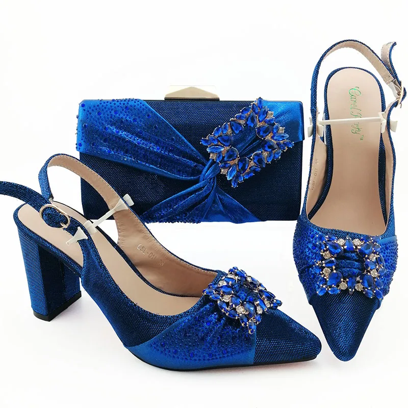 

Italian shoes matching bag in royal blue with low heel 3.5 inches sandal shoes and clutches with many rhinestones SB8424-8