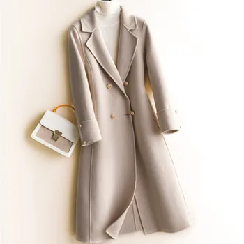 

2020 Women Long wool jacket autumn winter beige coat double faced woolen overcoat for women's Woolen pure 100% woolen overcoat