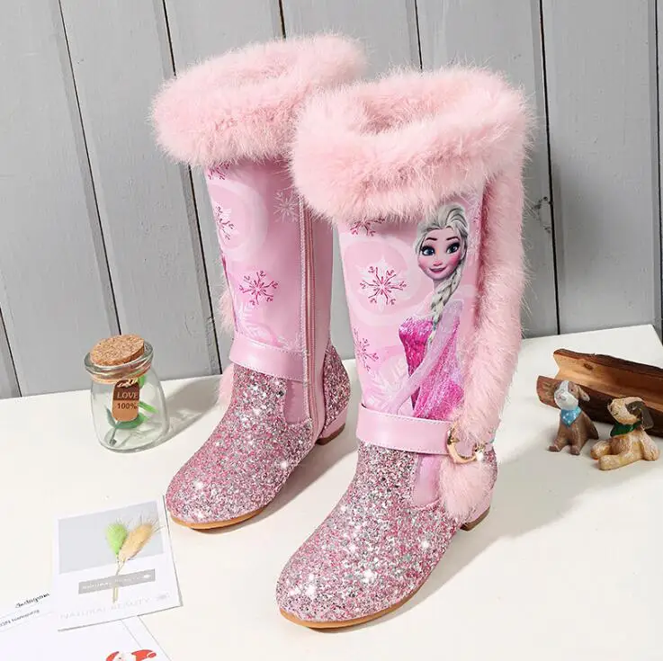 Высокие сапоги для девочек; Новинка; зимние детские сапоги принцессы для девочек; обувь для маленьких детей; брендовая Высококачественная обувь Эльзы с эластичными блестками - Цвет: photo color