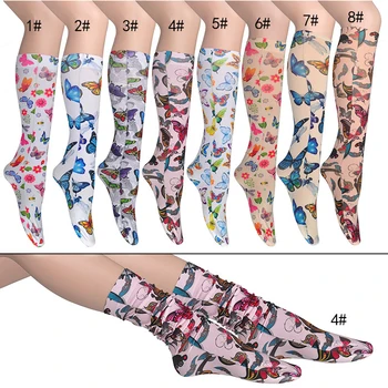 

KASURE Butterfly Print Knee High Long Stocking For Women Girls New Fashion Yellow Color Elastic Spring Summer Stocking For Women