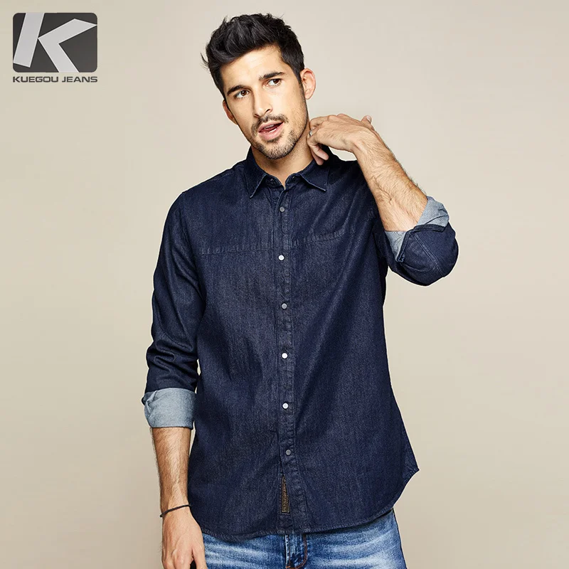 KUEGOU осень хлопок синяя джинсовая рубашка мужская одежда на пуговицах Повседневная приталенная с длинным рукавом для мужчин Модная брендовая блузка 6213
