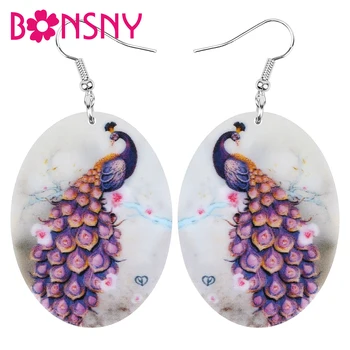 

Bonsny Acrylic Oval Purple Peacock Peafowl Earrings Long Printing Animal Dangle Drop Jewelry For Women Girls Trendy Party Gift