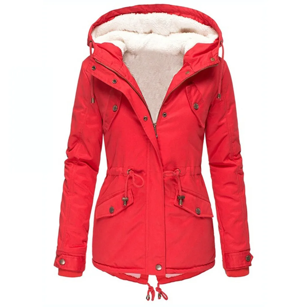 Женское теплое пальто, осенне-зимнее однотонное пальто на молнии с карманами, женские пальто, модная куртка свободного размера плюс#11,7 - Цвет: RD