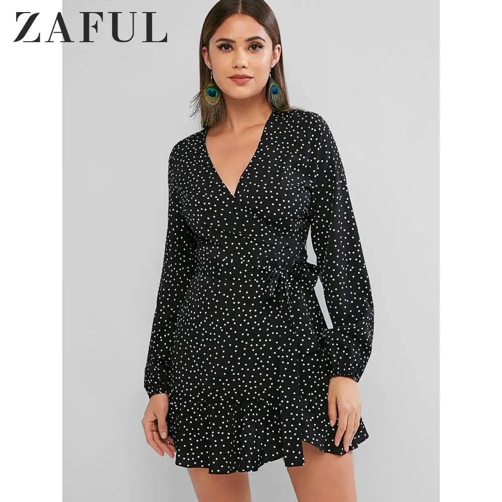 ZAFUL/мини платье в горошек с длинными рукавами и поясом v образным вырезом