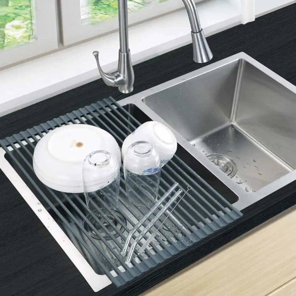 

Collapsible Silicone Sink Drain Rack Rollable Sink Water Control Rack Kitchen Rack Dish Drainer Dryer Tray Organizer Dry Rack
