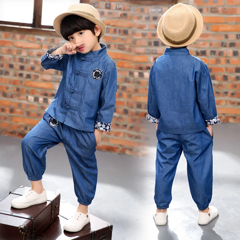

BOY'S Nation Denim Suit Spring And Autumn 2019 Childrenswear Chinese Clothing Chinese Costume Big Boy Two Piece Set