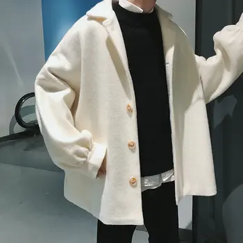 

Chic Mens Wool Blend Coat Single Breasted Black Beige White Woolen Men Coats Jacket Loose Casual Outwear D043