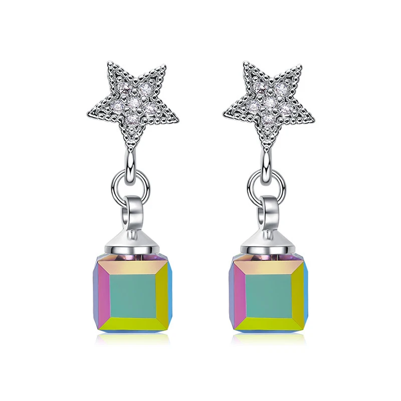 Warme Farben Crystal from Swarovski Earrings for Women S925 Sliver Square Cube Crystal Drop Earrings Korean Earrings Brincos - Цвет камня: Зеленый