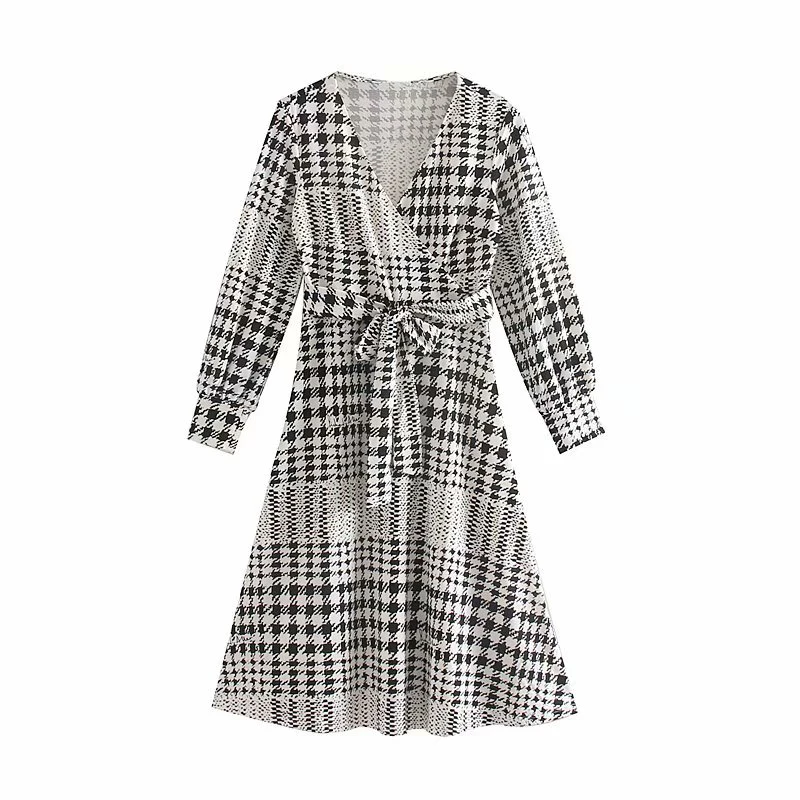 

Sexy Belt Bow Dress Women's Printed Lattice V-Neck Dress Fashion Slim A-Line Casual Dress Long Sleeve Dresses