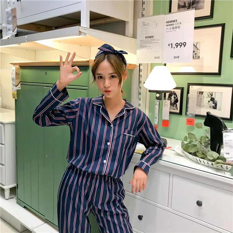 Корейский осенне-зимний женский пижамный комплект со штанами, Хлопковая пижама, полосатая пижама с принтом, пижама, милый Ночной костюм, ночные рубашки - Цвет: tiaolan12