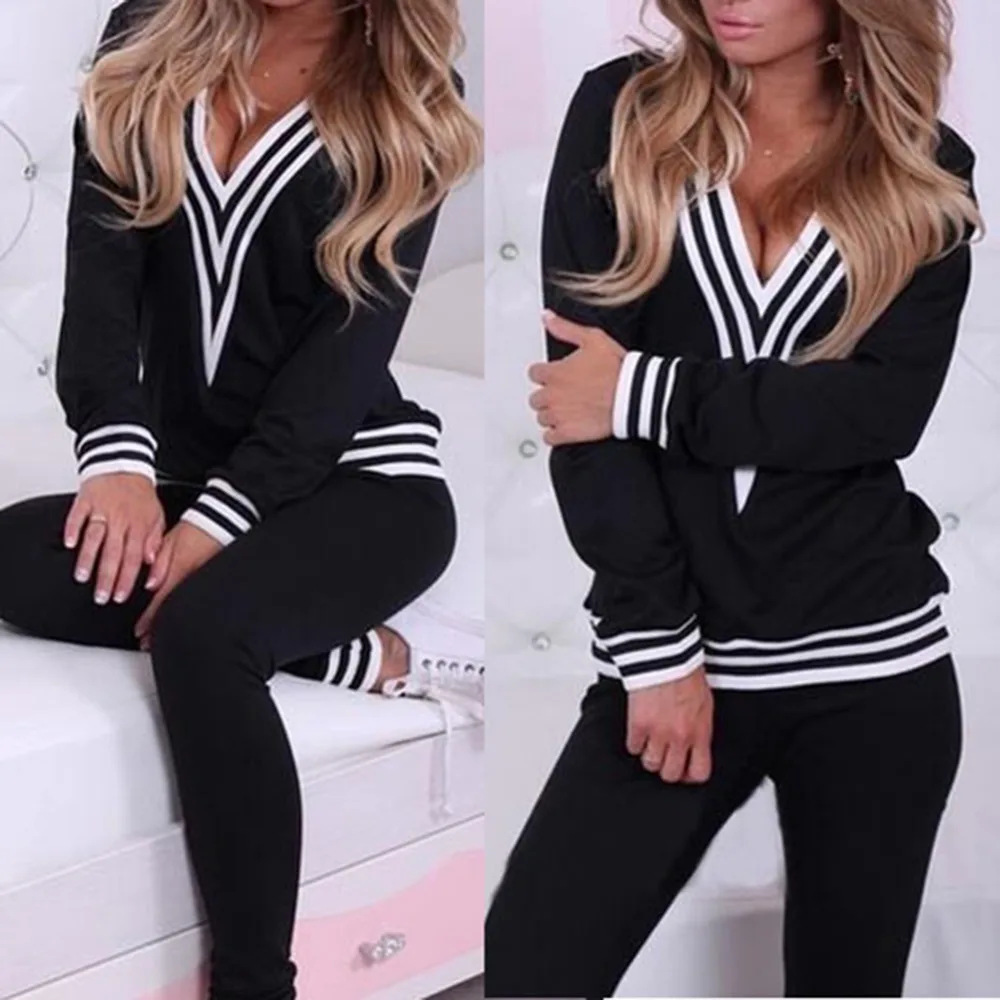 Women Fashion V-neck Sweatshirt Set Top Pants Casual Sportsuit Tracksuit OutfitFemmes camisa chemise camicia Mujer Clothes dressy pant suits