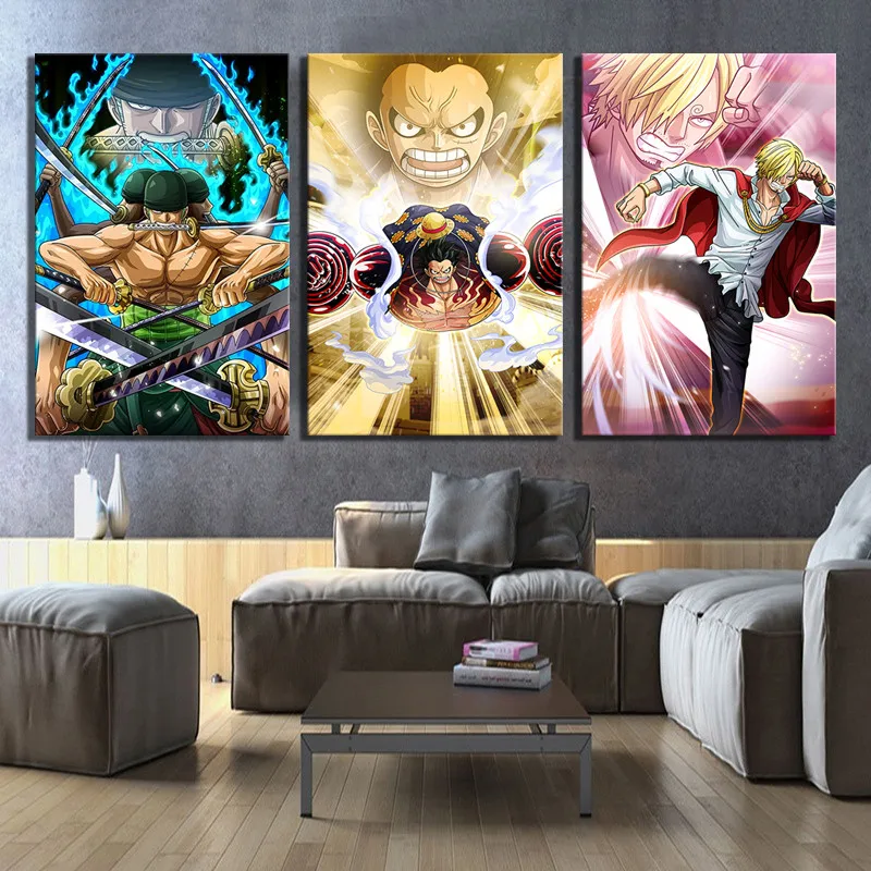 

3 Pcs Cartoon Pictures Luffy Zoro Sanji Straw Hat Pirate ONE PIECE Anime Poster Canvas Art Paintings for Living Room Home Decor