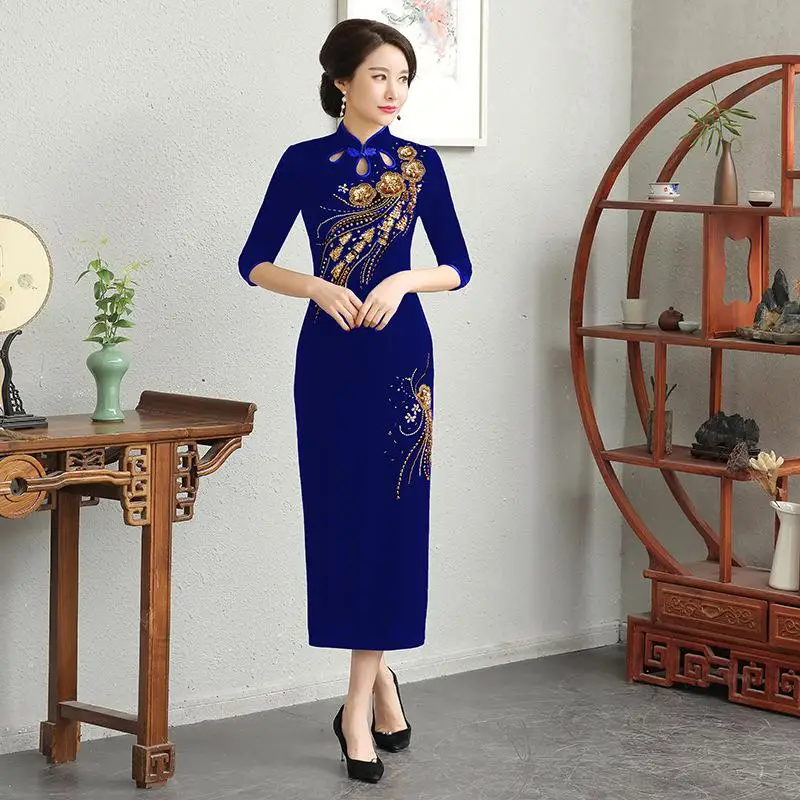 Зимнее Новое велюровое китайское платье женское сексуальное тонкое Qipao Новинка официальное вечернее платье благородное Cheongsam Vestidos с блестками и бисером - Цвет: Blue2