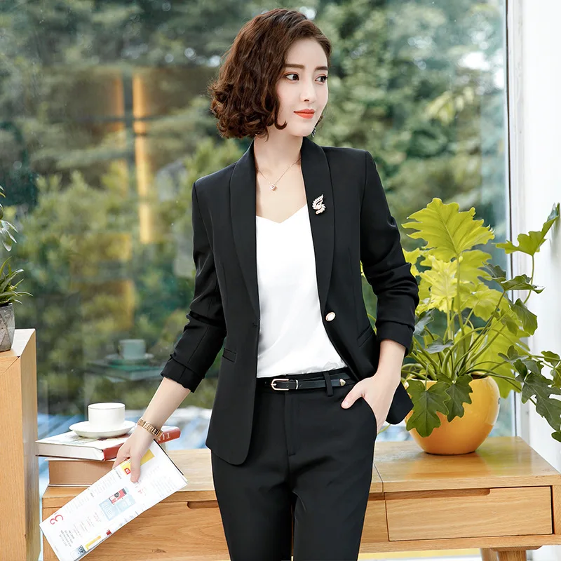 black pant suits Костюм женский брючный костюм женский костюмы женские женский костюм женские костюмы деловой костюм женский Офисная леди для работы осень зима 2 предмета брюки и пиджак - Цвет: black pant suits