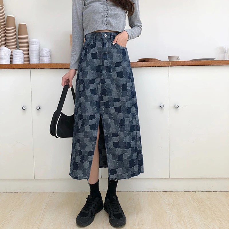 

Autumn Streetwear Split Long Skirt 2020 Korean Style Fashion Vintage Patch Patchwork Vintage Denim Skirt For Women Mujer