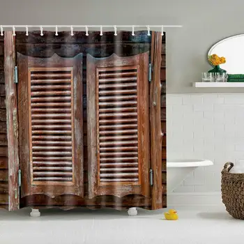 

Wooden Double Door Pattern Digital Print Shower Curtain for Bathroon Decor,Polyester Waterproof Fabric Bath Curtain with 12