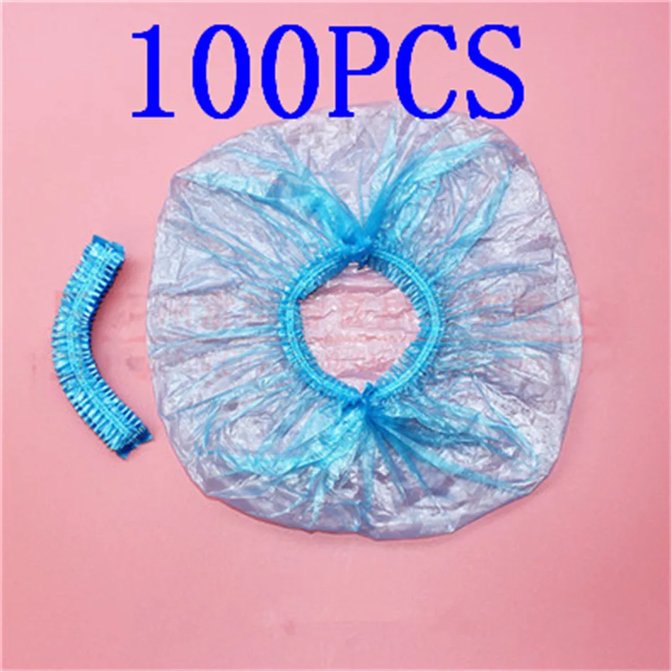 100PCS 5 шт одноразовая шляпа для отеля, одноразовая эластичная шапочка для душа, шапочка для купания, прозрачные волосы, салонные изделия для ванной комнаты и душевой колпачок, водонепроницаемый для женщин - Цвет: 100PCS