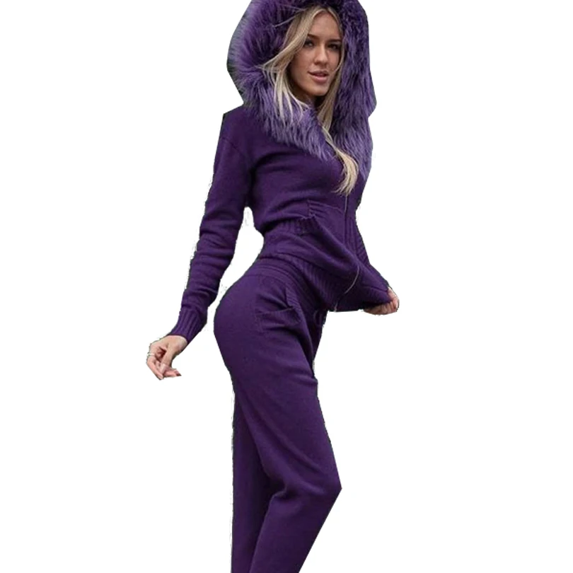 Ceny MVGIRLRU kobiet komplety z dzianiny sweter z zamkiem błyskawicznym 2 sztuka stroje futro kardigan z kapturem topy i spodnie dwuczęściowy zestaw
