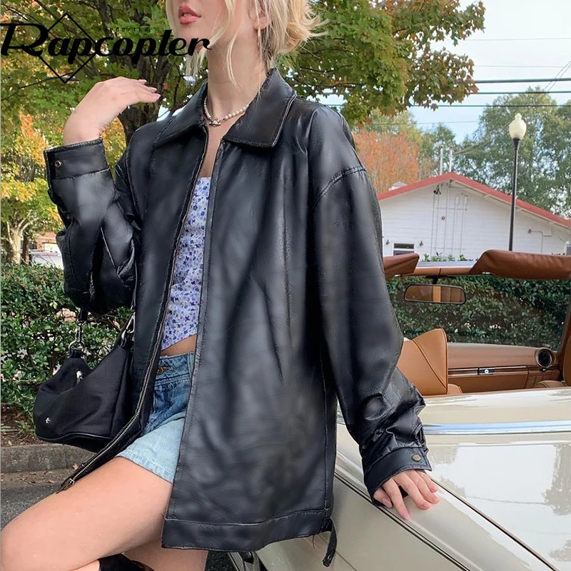 Куртка женская кожаная с карманами отложным воротником в стиле ретро | Женская