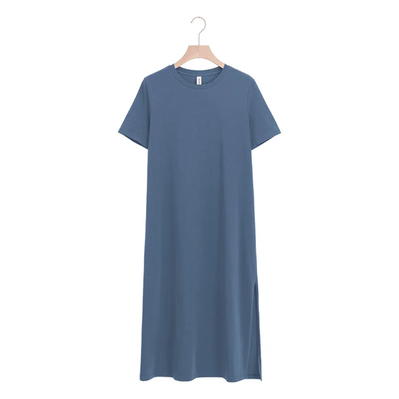 Casual Women Split Long Dress O-neck Short Sleeve Solid blue Summer Cotton T shirt Dress Sales M30465